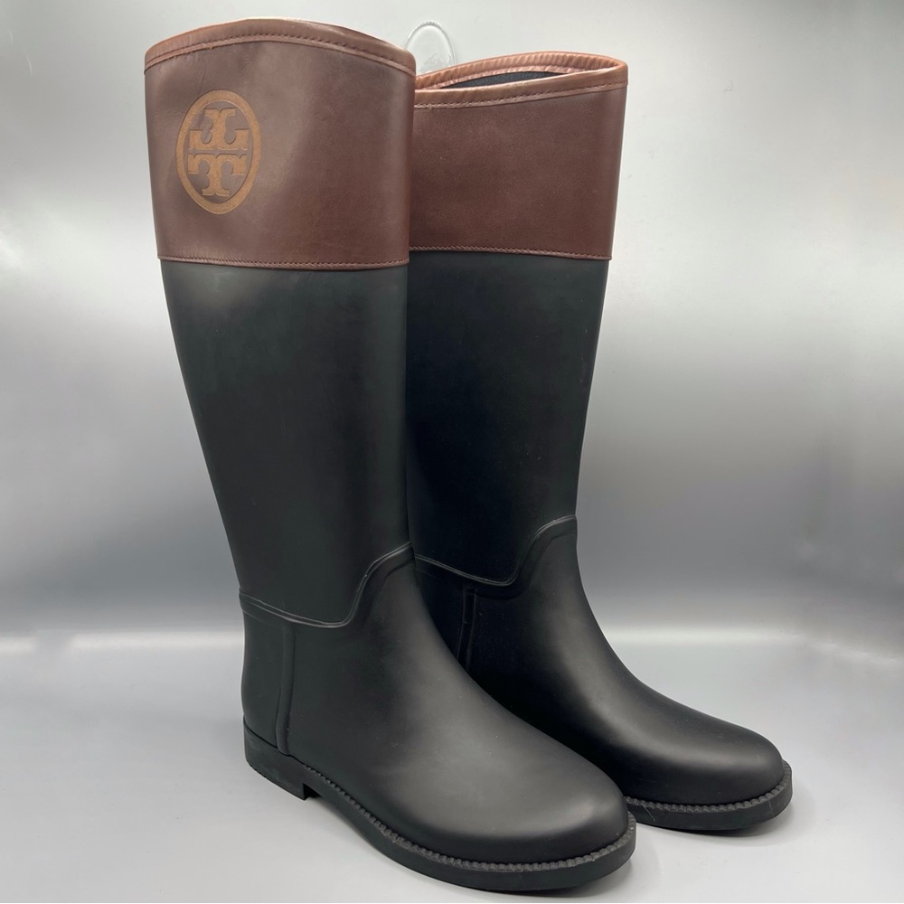Tory Burch Black and Brown Tall Rain Boots